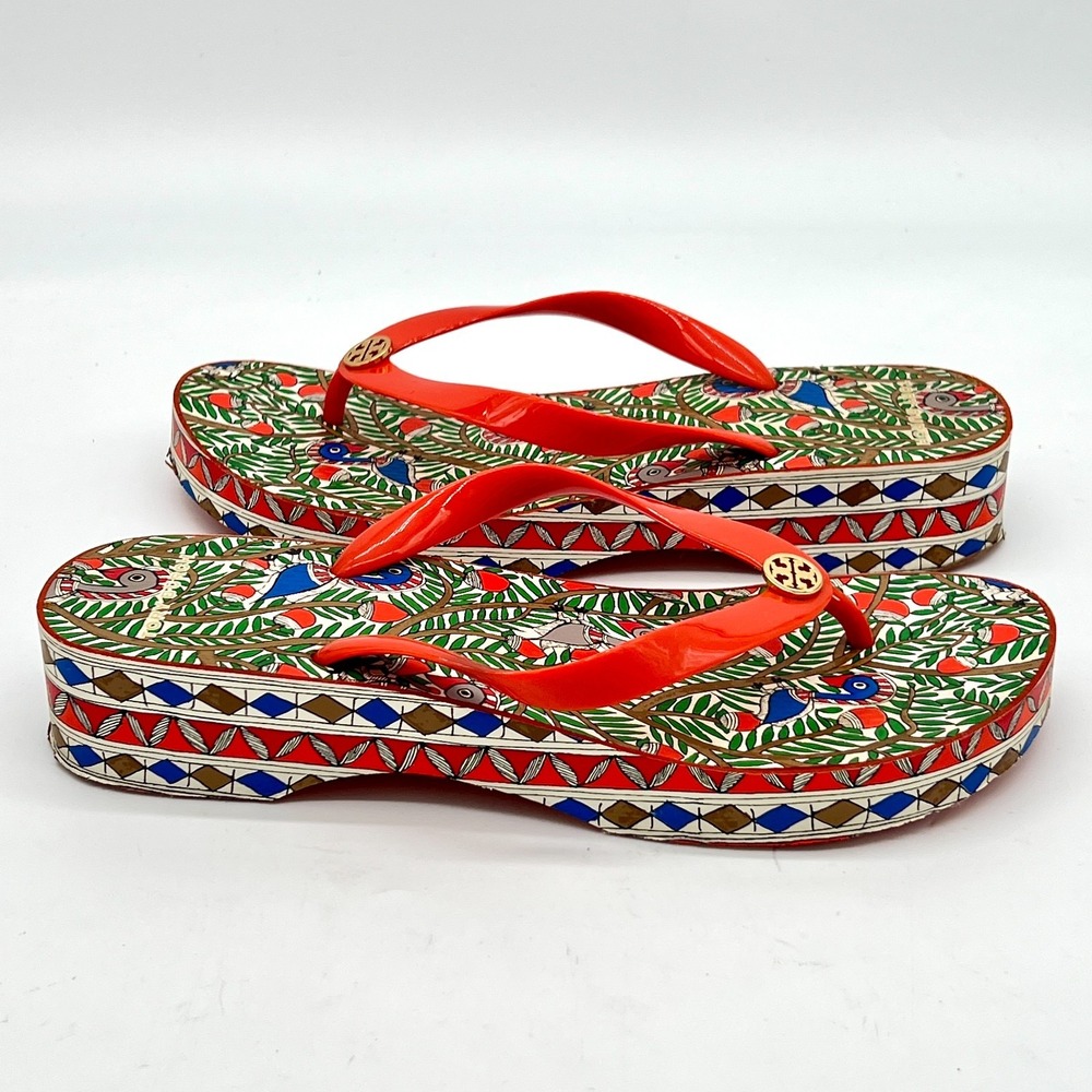Tory Burch Women's Sz 8/39 Cut Out Wedge Platform Flip-Flop Spicy Orange Wild - Picture 5 of 9